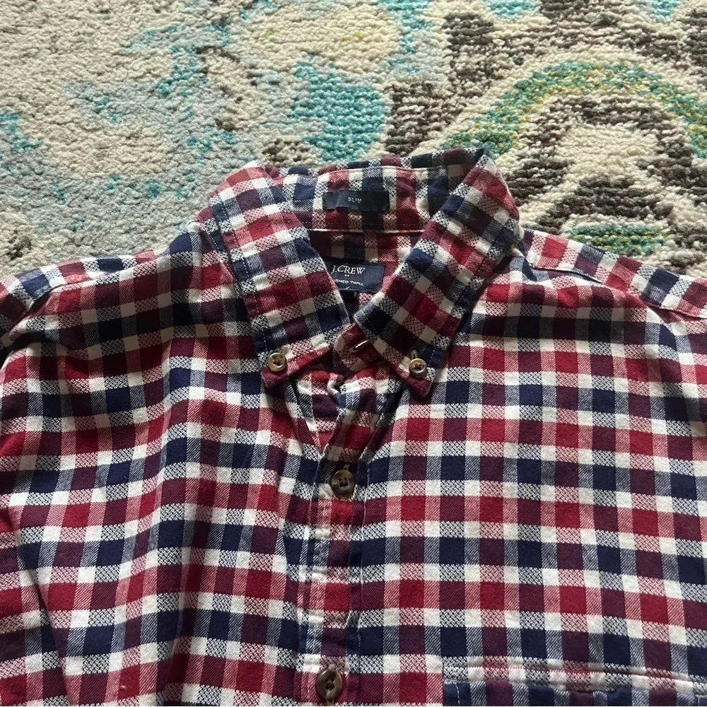 Red white and blue J. Crew plaid button down shirt